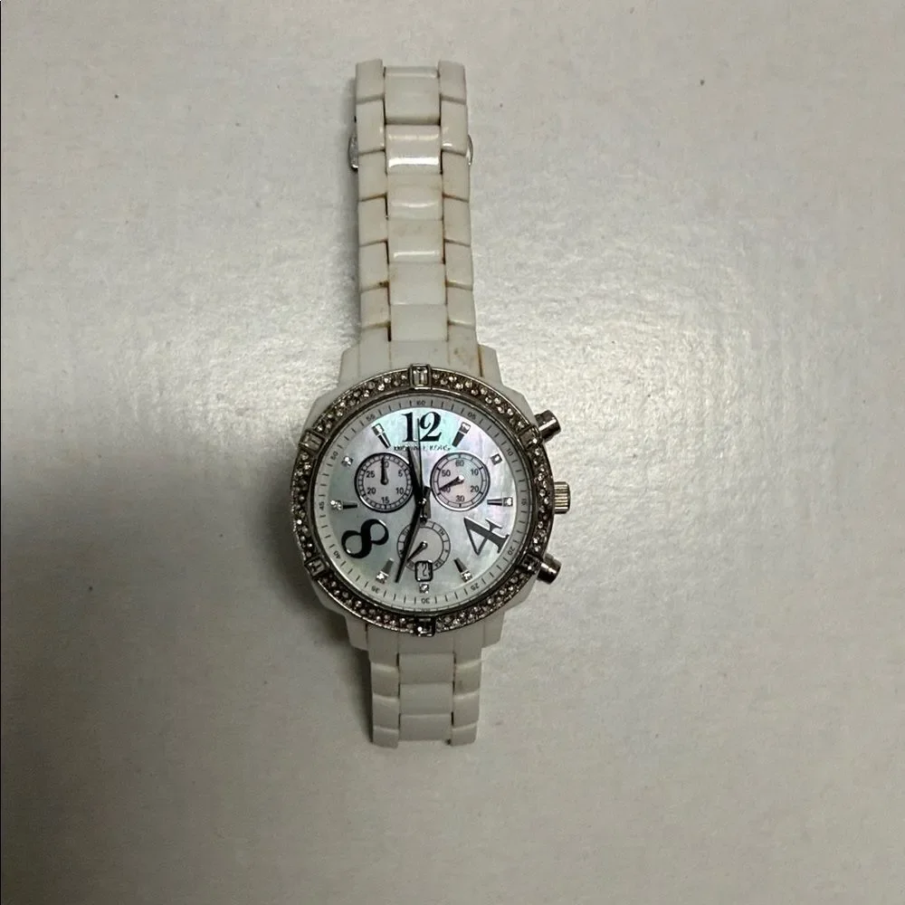 Michael Kors White Ivory Pearl Face Watch Stainless Steel LIKE NEW - Rhinestones